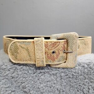 Woven Floral Embroidered Jacquard Beige Fabric Belt with Covered Buckle